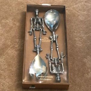 Halloween Skeleton Service Set (2) Salads Stainless Steel 13” NEW Pottery Barn